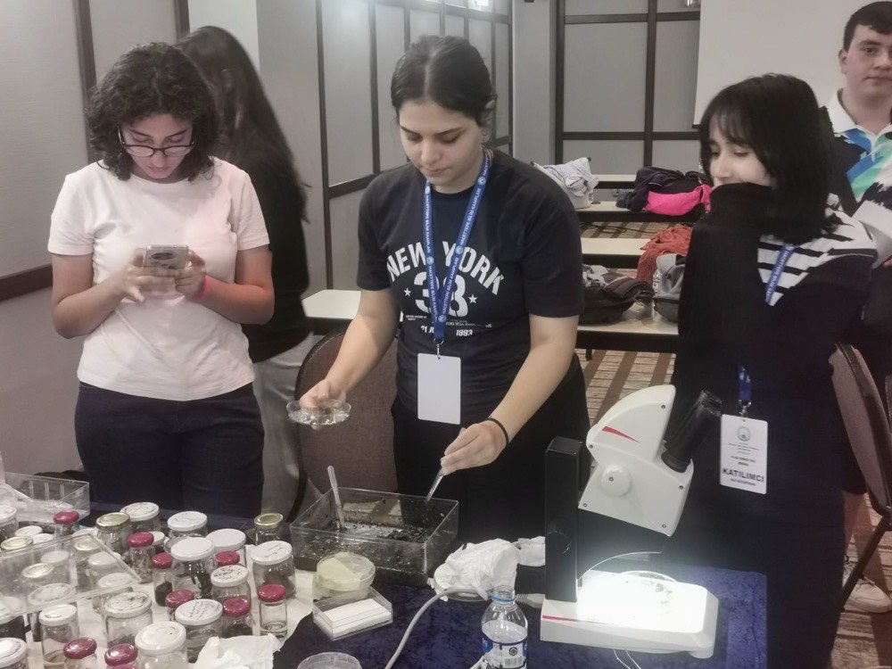 Kamp öğrencileri kimya örneklerini laboratuvar ortamında incelerken